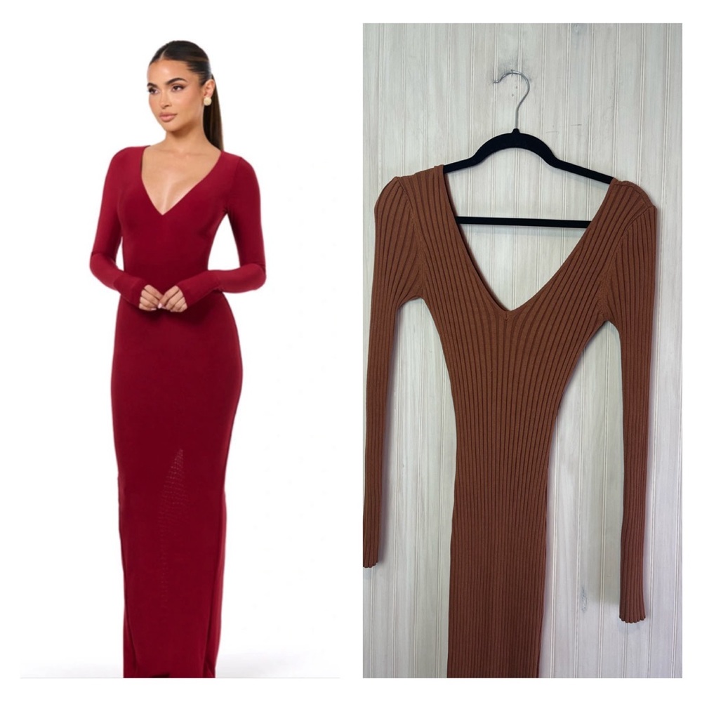 NAKED WARDROBE HOURGLASS LONG SLEEVE V NECK RIBBED MAXI SMALL